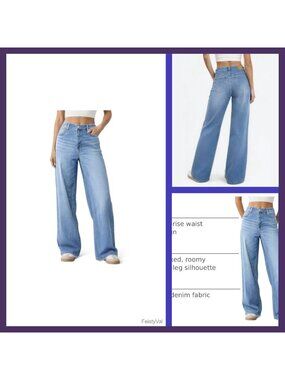 High Waisted Wide Leg Baggy Straight Denim Jeans Distressed Pockets